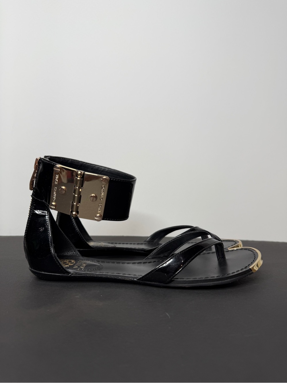 Vince Camuto Black Patent Ankle-Cuff Sandals with Gold Hardware
